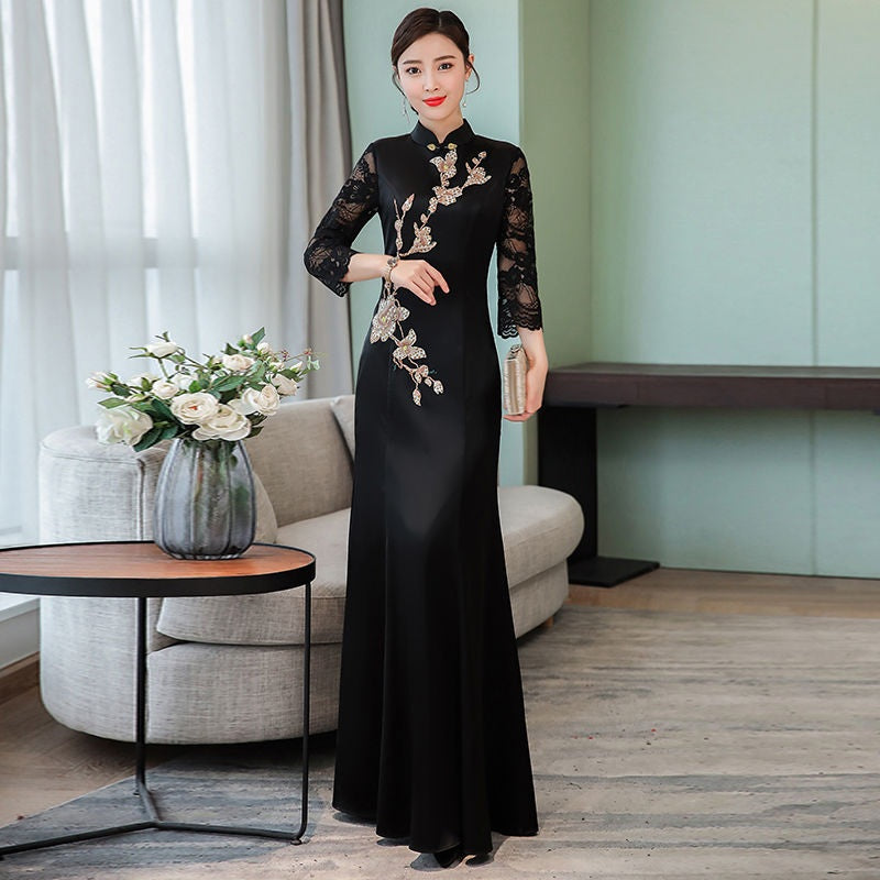 Black Slim Vintage Long Qipao Hanfu Women Ao Dai Dress Chinese Traditional Dres image 0