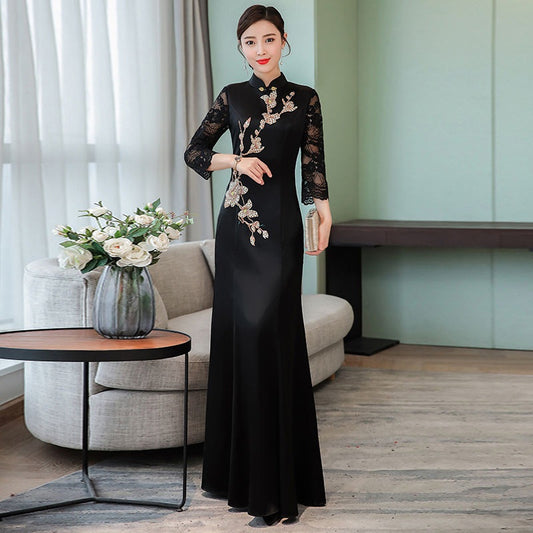 Black Slim Vintage Long Qipao Hanfu Women Ao Dai Dress Chinese Traditional Dres image 0