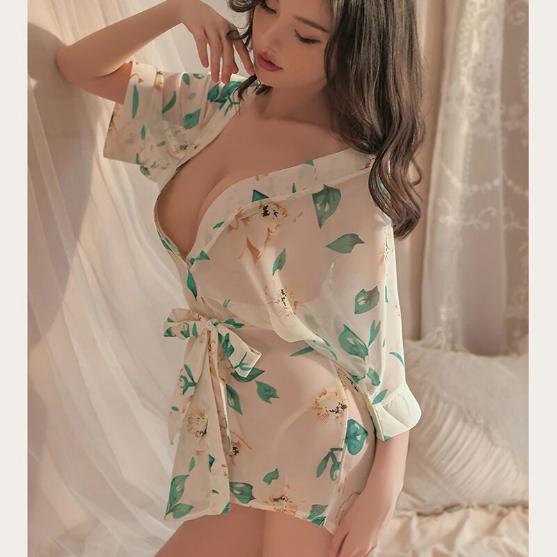 Japanese Kimono Lingerie Women's Chiffon Printing Nighties See-through Ski image 2