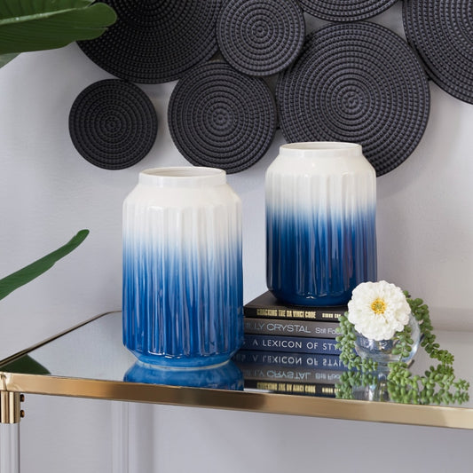11", 9"H Handmade Ombre Blue Ceramic Vase, Set of 2 for Plants Table Decoration image 0