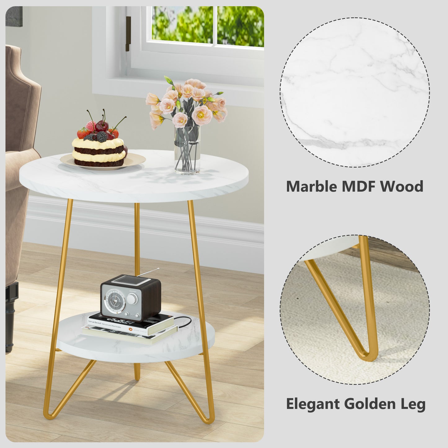 Tribesigns Faux Marble End Table, 2 Tier Round Side Table with Shelves, Modern image 5