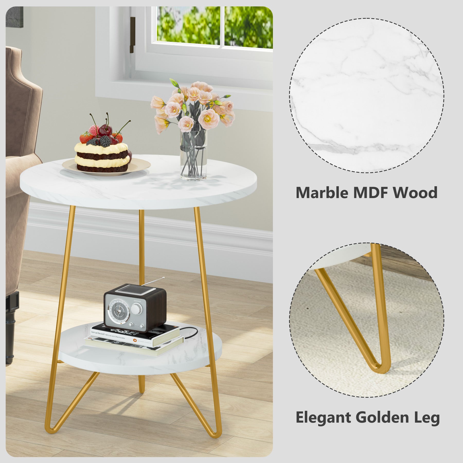 Tribesigns Faux Marble End Table, 2 Tier Round Side Table with Shelves, Modern image 5