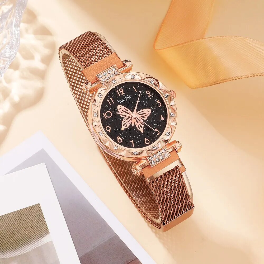 Rose Gold Luxury Watch Women Ring Necklace Earring Rhinestone Fashion Wristwatc image 3