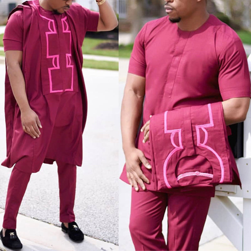 H&D African Clothes For Men Red 3 PCS Set Short Sleeve Pant Set Tradition Embro image 1
