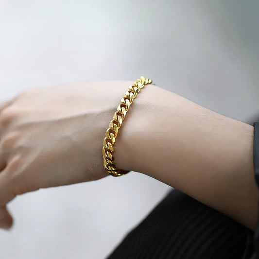Women's Men's Bracelet Stainless Steel Cuban Link Chain Bracelets Gold Color Si image 0