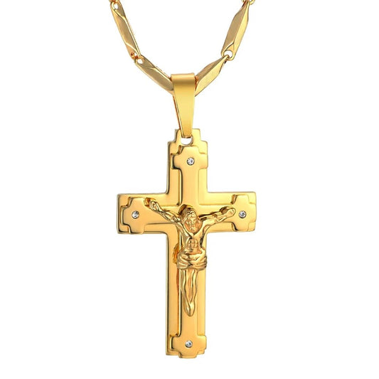 Religious Jesus Christ Cross Pendant Necklaces Male Gold Color Stainless Steel  image 0