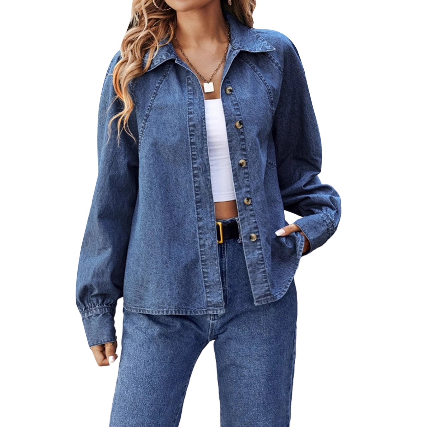 Women s Distressed Denim Jacket with Frayed Hem Classic Long Sleeve Turn-down C image 2