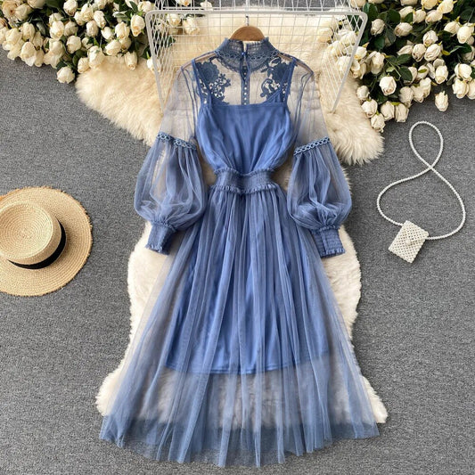 Women Evening Dress Three-dimensional Decoration Floral Mesh Stand Collar Lante image 0