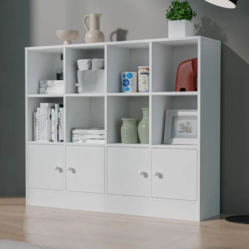 White Bookshelf with 12 Cubes and 4 Doors, 2-Tier Open Shelf Bookcase with Anti image 0