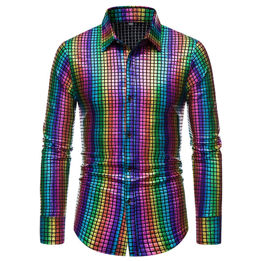 Rainbow Sequins Shirts For Mens 70s Disco Party Costume Gold Silver Multicolour image 0