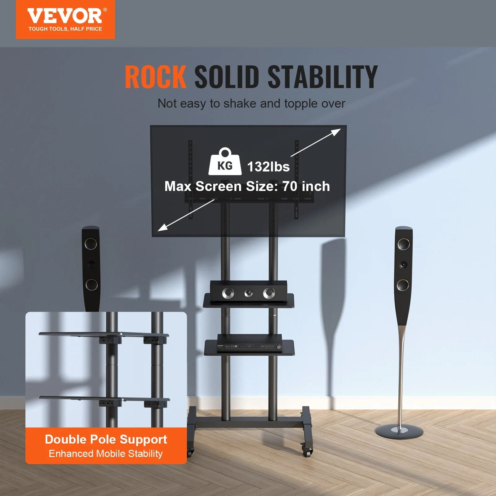VEVOR Mobile TV Stand Height Adjustable TV Stand with Wheels Double Tray for Au image 3