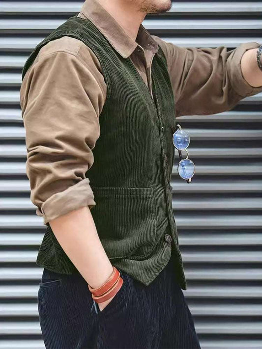 Autumn Vintage Sleeveless Cargo Vest Jackets Mens Corduroy Solid Color V Neck W image 0
