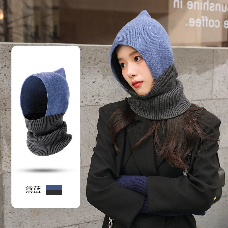 Winter Women Men's Knitted Cotton Hat Scarf Color Matching Two-color Balaclava  image 5