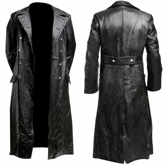 MEN'S GERMAN CLASSIC WW2 MILITARY UNIFORM OFFICER BLACK LEATHER TRENCH COAT image 0