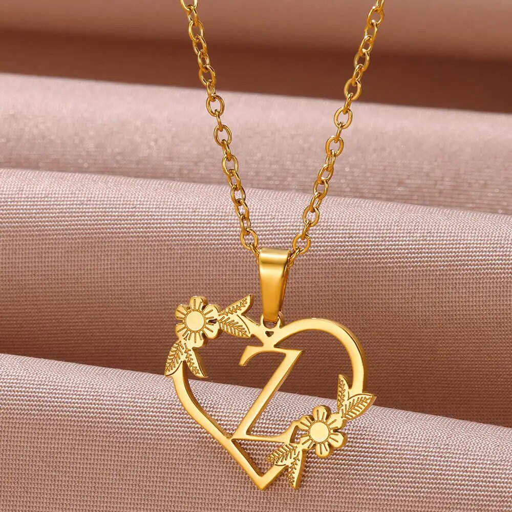 Gold Color Dainty Flower Initials Necklace Women Girl Stainless Steel Heart Let image 25