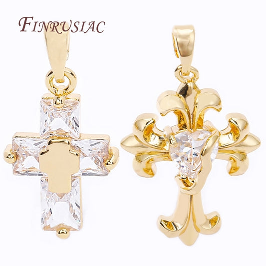 18K Gold Plated Inlay Zircon Jesus Cross Pendants Brass Metal Religious Faith C image 0