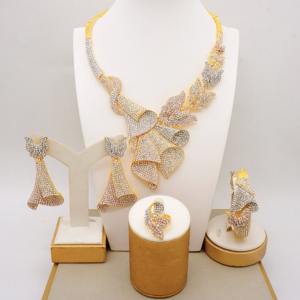Latest Italian Dubai Gold Color Ladies Full Crystal Necklace Jewelry Set Simple image 8