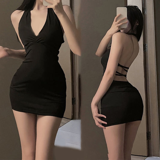Women Sexy Halter Backless Slim V-neck Wrap Black Party Night Mini Dress image 0