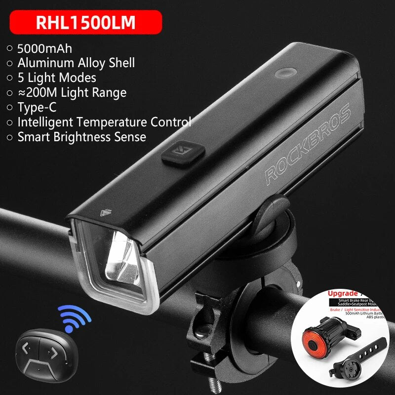 ROCKBROS Bike Light 1500LM5000mAh Type-C Bicycle Light Temperature Control  IPX image 6