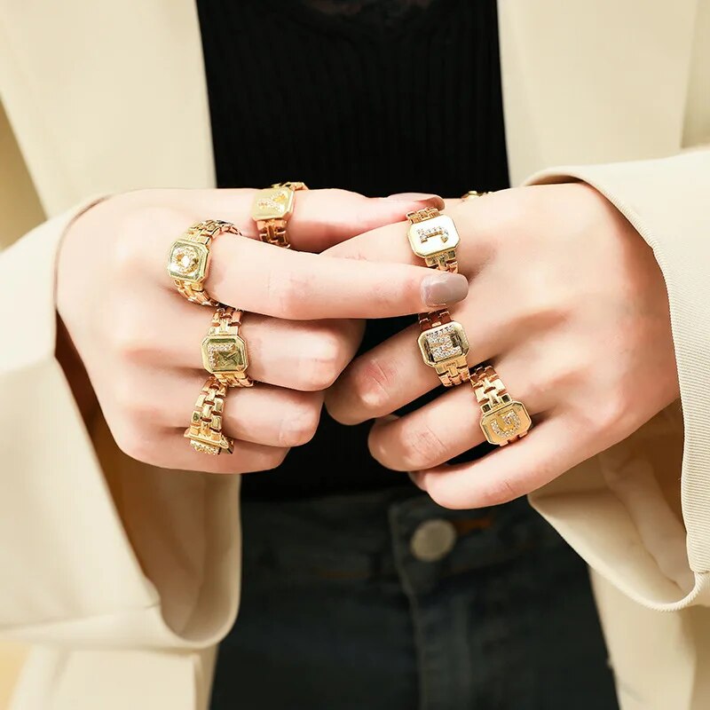 Trendy 18k Gold Plated AAA Zircon Hip Hop Adjustable  A-Z Letter Ring Watch Ban image 4