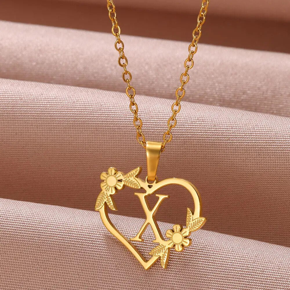 Gold Color Dainty Flower Initials Necklace Women Girl Stainless Steel Heart Let image 23