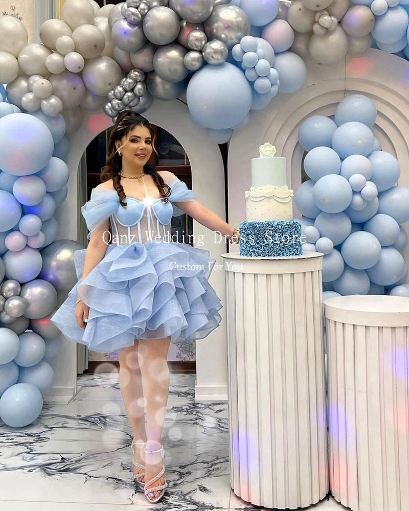 Qanz Short Sky Blue Homecoming Dresses Above Knee/Mini Shiny Tulle Vestidos De  image 4