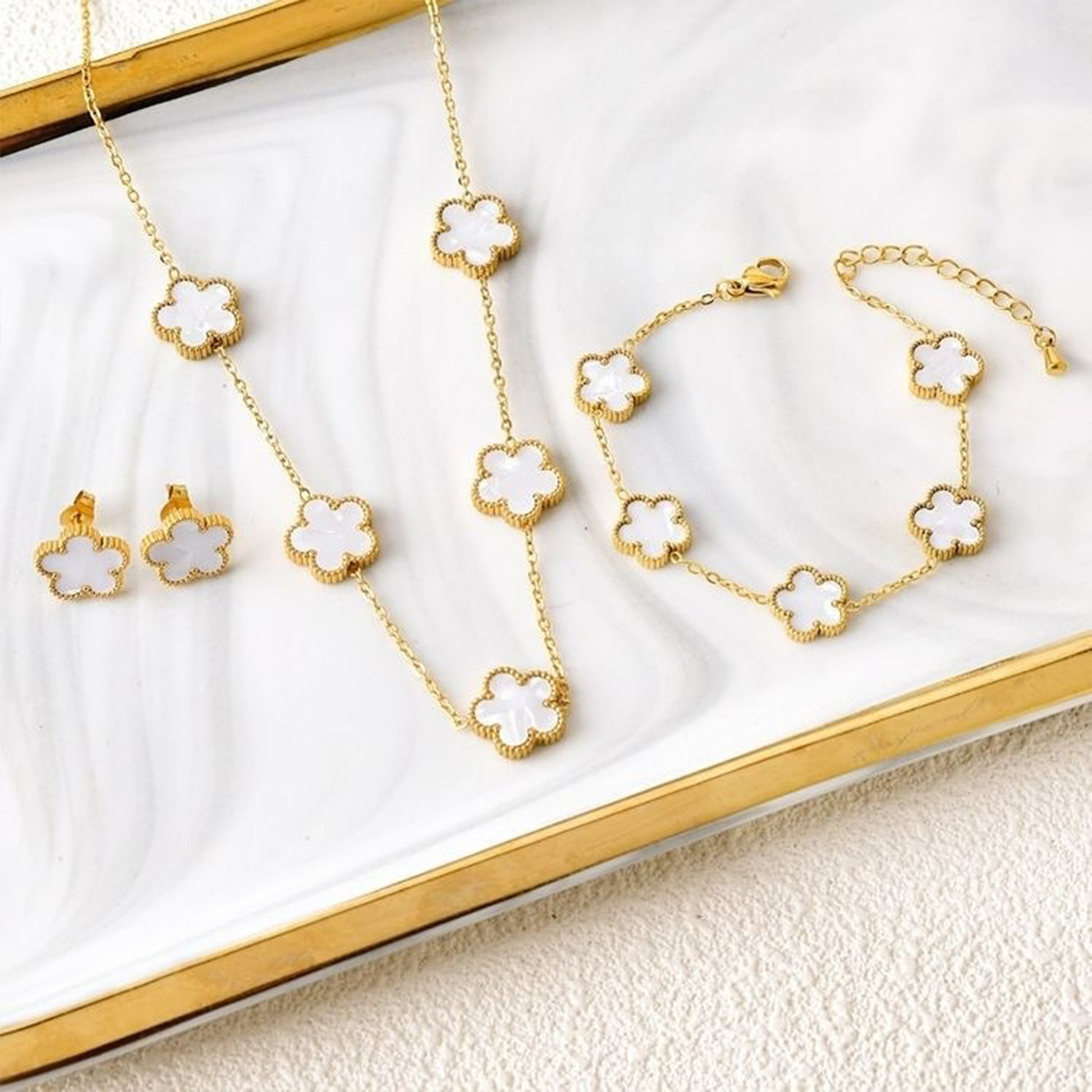 3Pcs 18k Gold-Plated Five-Leaf Flower Necklace Earrings Bracelet Jewelry Set Fo image 9