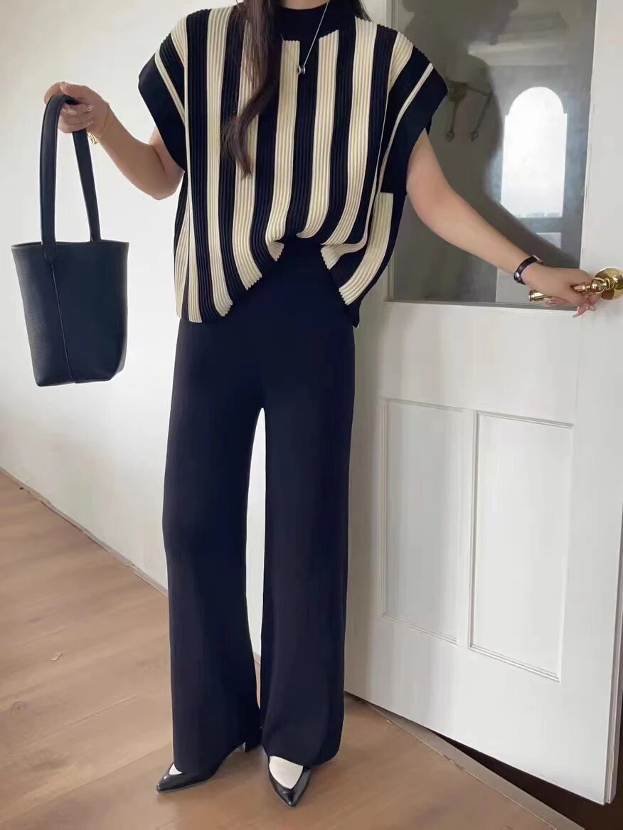 Women Sweater Pant Set Casual Striped Pullovers Suits Autumn Winter Knitted Sho image 0