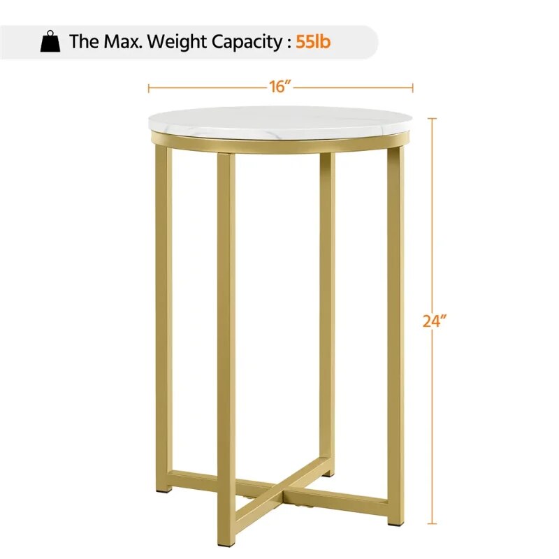 Wooden Top Round Faux Marble Side Table Sturdy Metal Legs Mustard Gold image 3