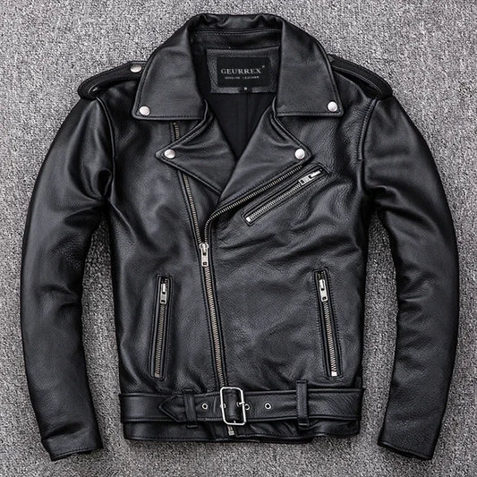 Spring Classical Motorcycle oblique zipper Jackets Men Leather Jacket Natural C image 0
