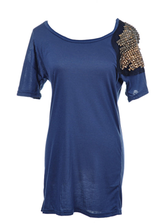 Casual Womens Loose Blue Metallic Square Studded Wide Neck Short Sleeve Shirt D image 0
