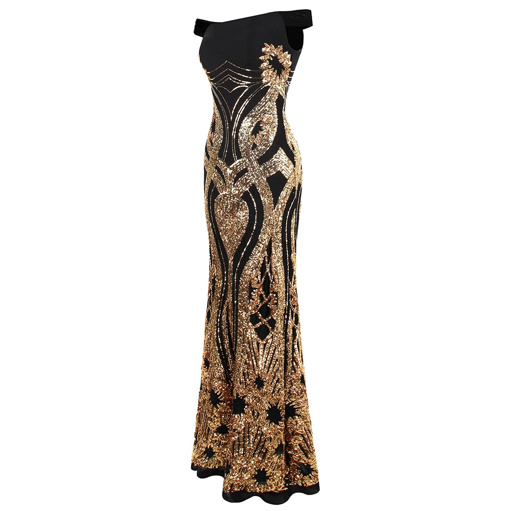 Angel-fashions Sparkling Gold Art-Deco Sequin Off Shoulder Cap Sleeve Formal Ev image 7