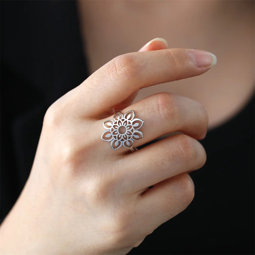 My Shape Lotus Mandala Flower Rings Women Stainless Steel Gold Color Finger Rin image 17