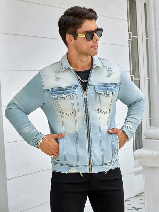 Men's denim stretch jacket, stylish zipper style, fashion wash, street rock sty image 0