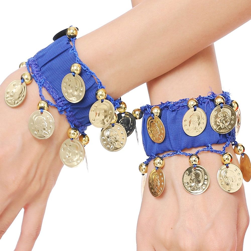 1 Pair Belly Dance Wrist Ankle Cuffs Bracelets Chiffon Gold Coin Belly Dance Co image 2