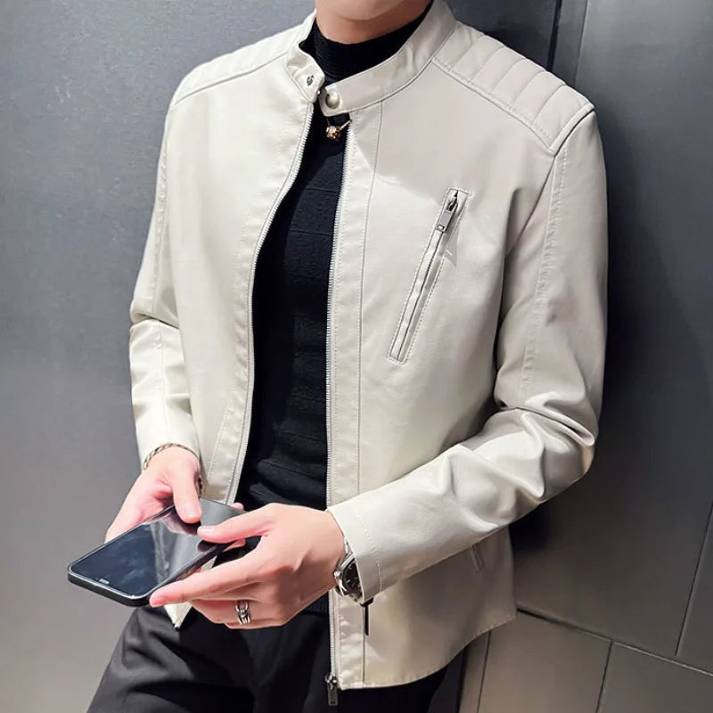 Spring and Autumn Men's Motorcycle Leather Jacket Casual Stand Collar Solid Col image 3