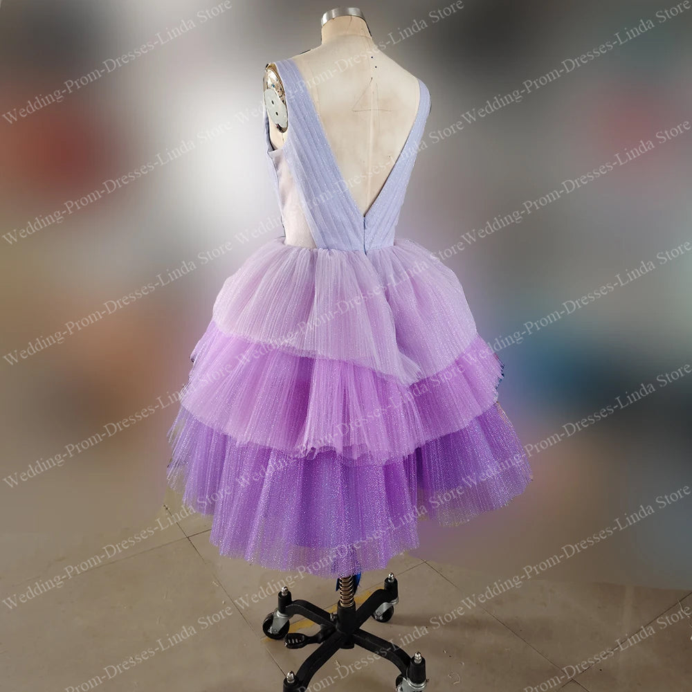 Purple Tiered Homecoming Dresses for Girls Women V-Neck Sleeveless Knee-Length  image 0