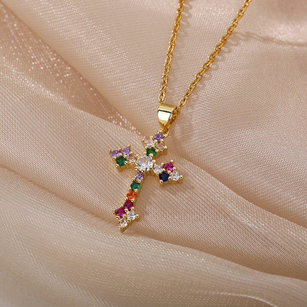 Zircon Cross Necklaces For Women Gold Color Stainless Steel Neck Chain Female image 1
