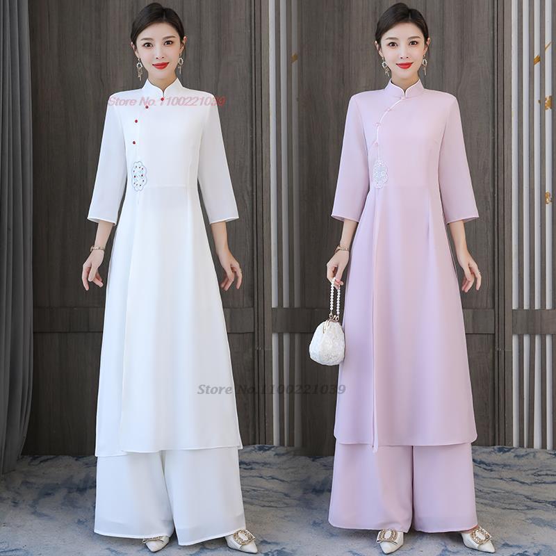2024 traditional vietnam ao dai vintage dress+pants set national flower embroid image 2