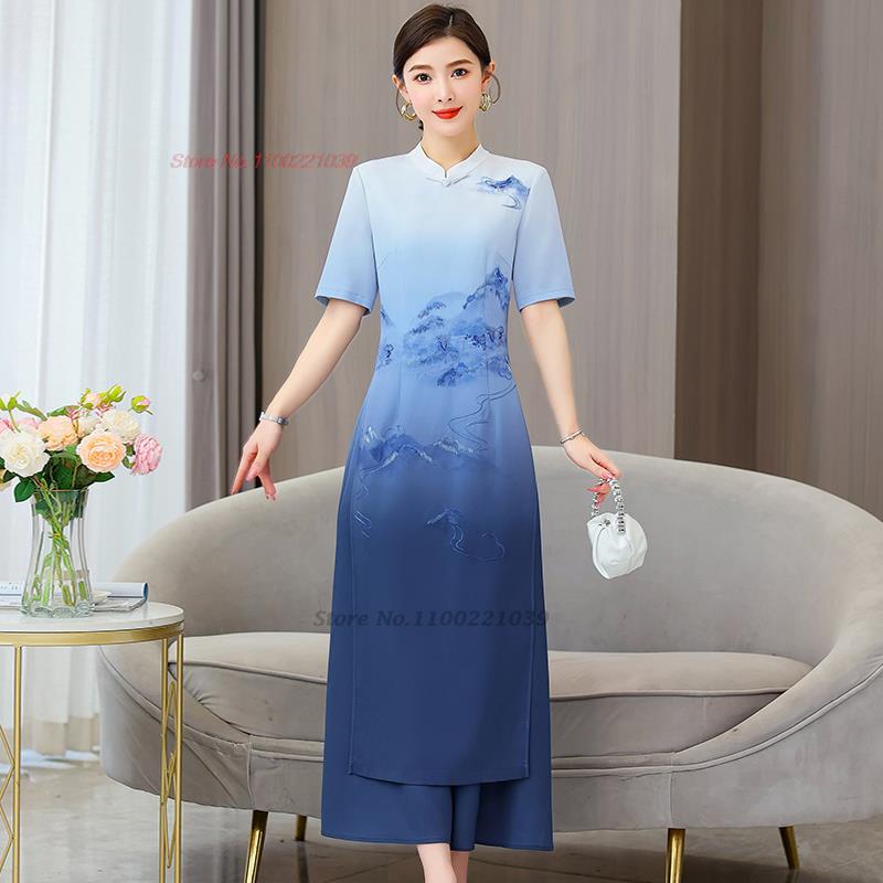 2024 vietnam aodai dress women national gradient color dress+pants set flower p image 1