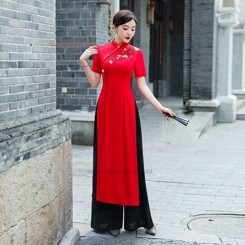 2024 vietnam woman ao dai dress chinese elegant cheongsam dress+pants set vinta image 1
