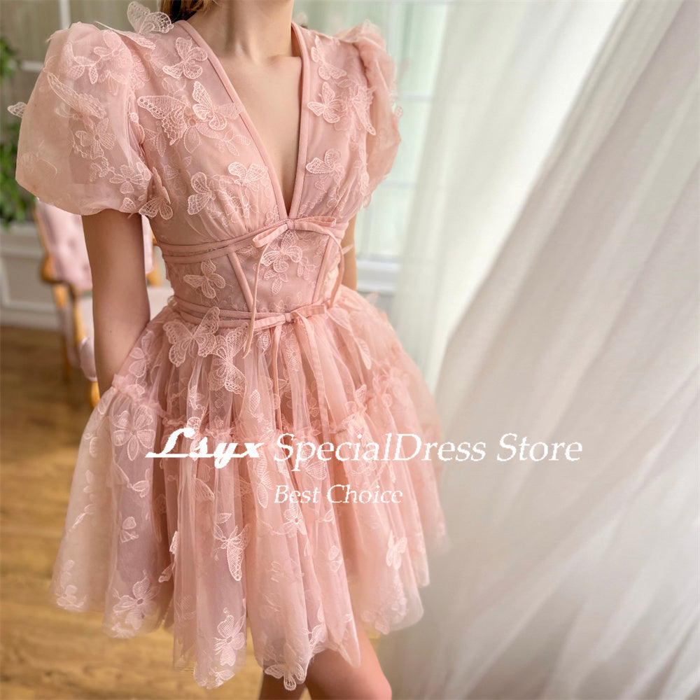 LSYX Above Knee Short Sleeves Butterflies Homecoming Dresses 2024 Tulle V Neck  image 8