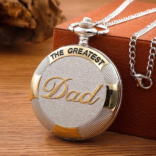 Vintage Silver Golden Luxury THE GREATEST DAD Quartz Pocket Watch Fob Chain Nec image 0