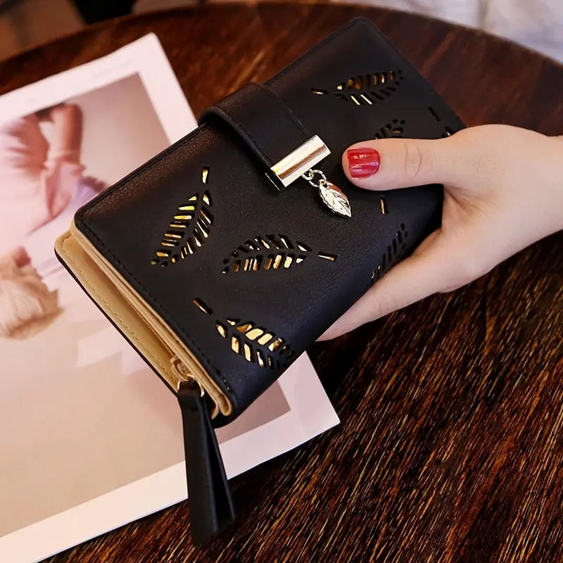 Fashion PU Leather Wallet Purse Women Long Wallet Gold Hollow Leaves Pouch Hand image 6