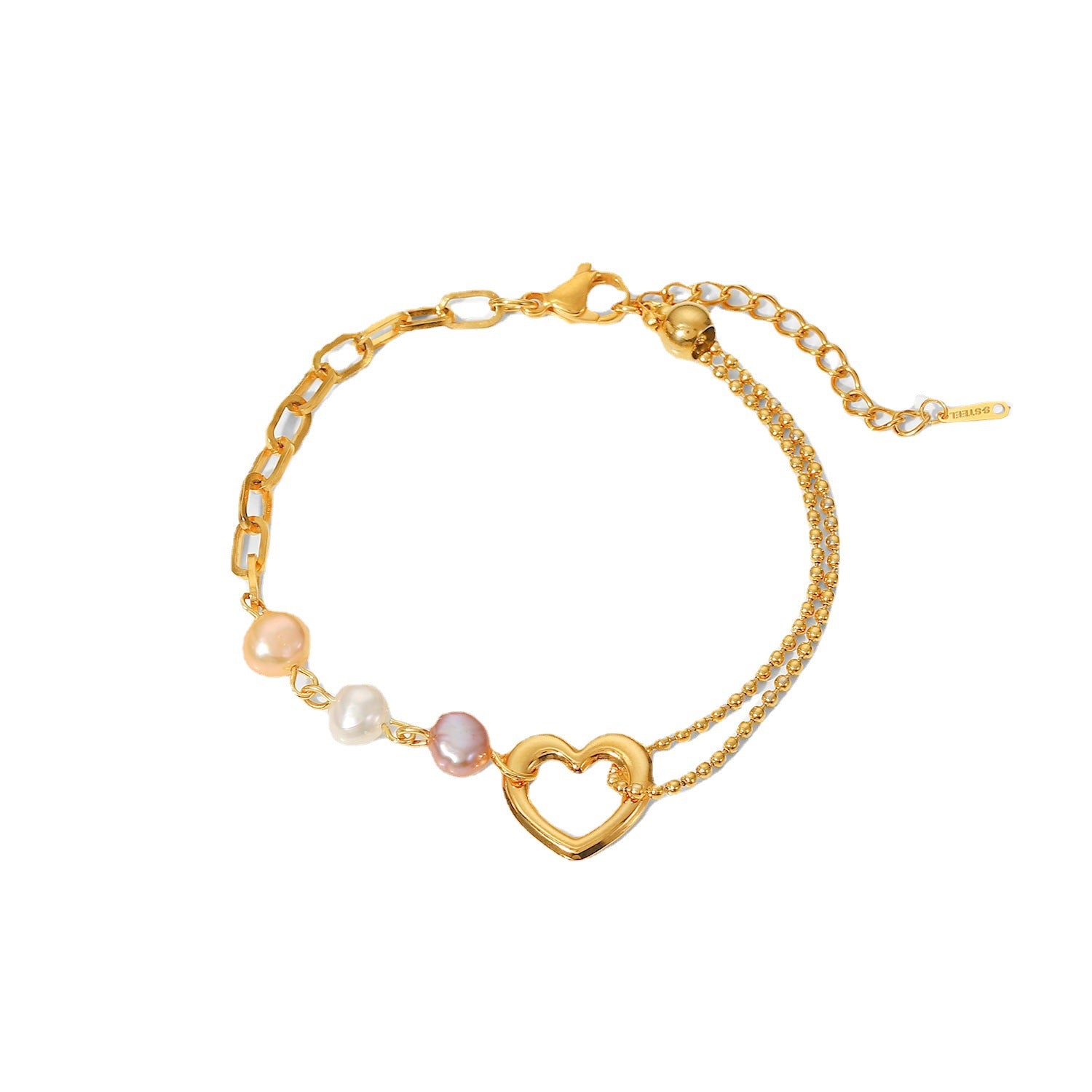 Stainless Steel PVD 18K Gold Plated Tarnish Waterproof Natural Pearl Heart Brac image 0