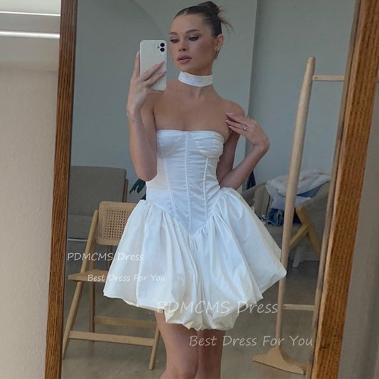 Sexy Ivory A Line Short Wedding Party Dresses Draped Satin Strapless Bridal Gow image 0