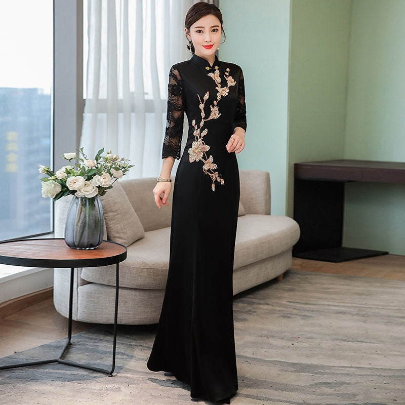 Black Slim Vintage Long Qipao Hanfu Women Ao Dai Dress Chinese Traditional Dres image 1