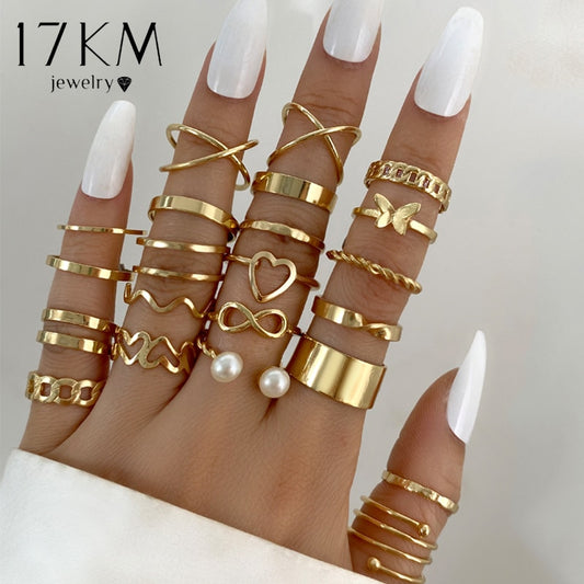 17KM Metal Gold Color Rings Set Twist Hollow Rings for Women Pearl Vintage Butt image 0
