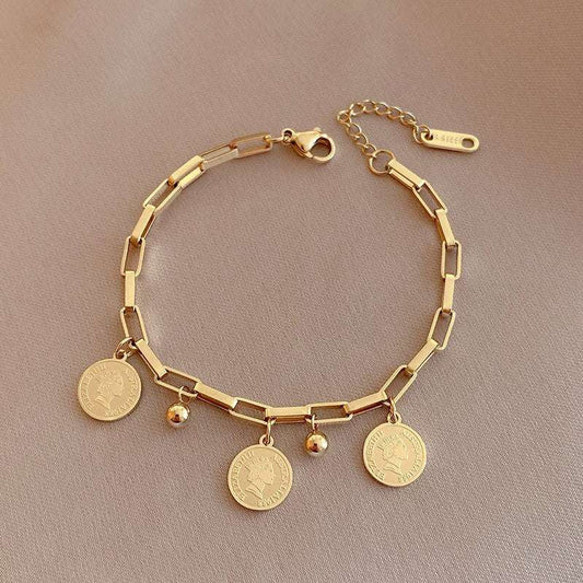 1pcs Gold-color Bracelet Ladies Hip Hop Style Stainless Steel Round Sign Portra image 0