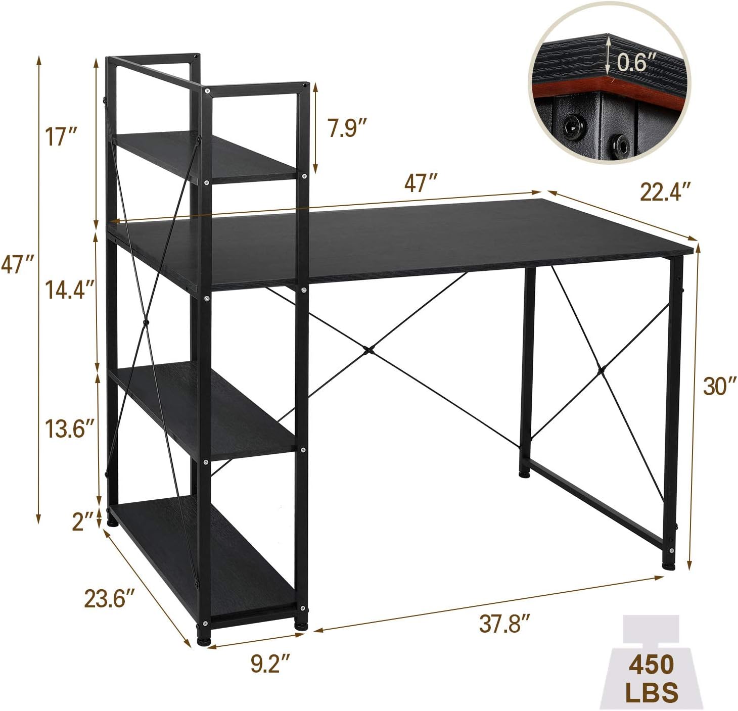 AOOU Computer Desk with 4 Tier Shelves, 47'' Study Writing Table for Home Offic image 0